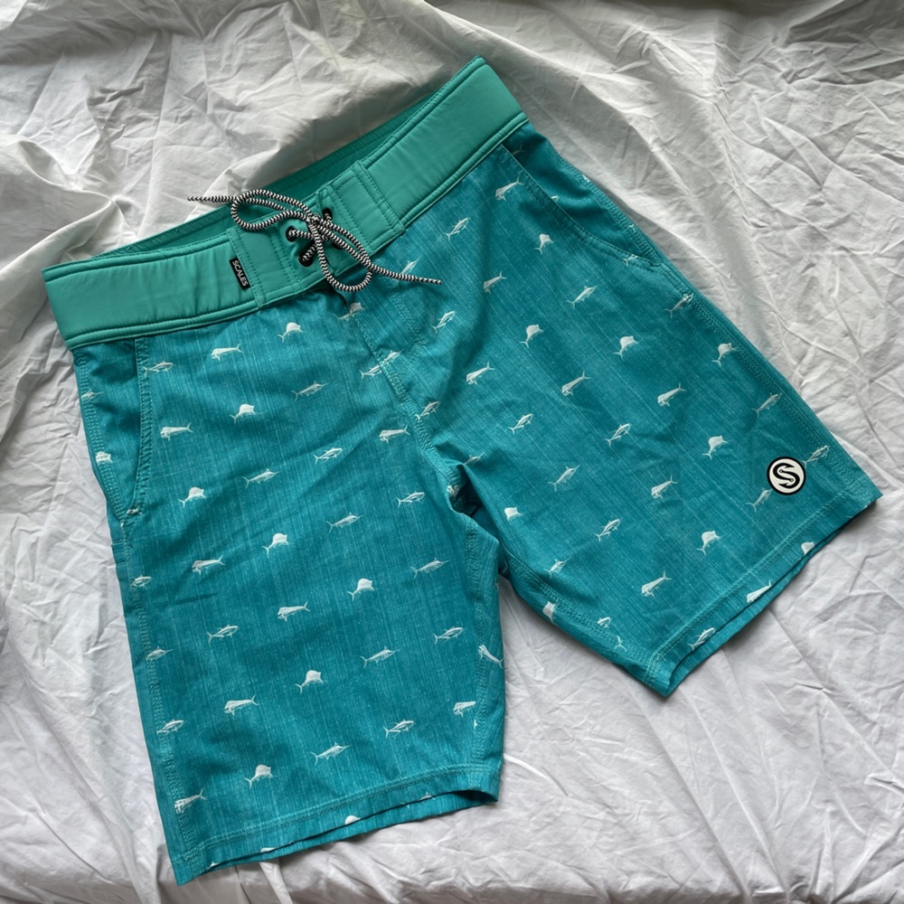Scales First Mate Teal Swim Shorts | Sport Fish Pattern | Size 30W